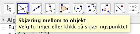 Skjermdump fra GeoGebra som viser hvordan man velger Skjæringspunkt-kommandoen.
