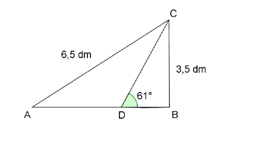 TREKANT ABC ER RETTVINKLET MED VINKEL B=90 GRADER. ET LINJESTYKKE SOM UTGÅR FRA C SKJÆRER AB I PUNKTET D. VINKEL CDB=61 GRADER, BC=3,5 DM OG AB=6,5 DM.