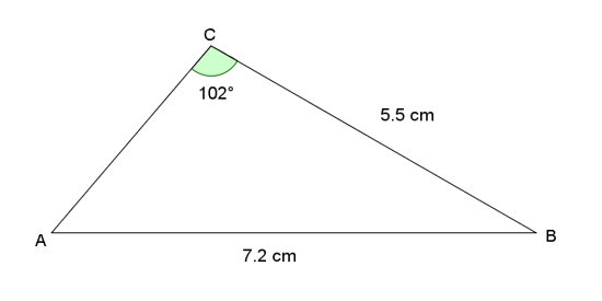 TREKANT ABC MED AB=7.2 CM, BC=5.5 CM OG VINKEL C=102 GRADER.