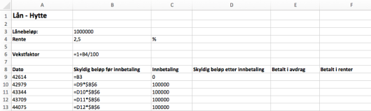 Utsnitt fra regnearket som viser formlene som er brukt for å finne Skyldig beløp etter innbetaling.