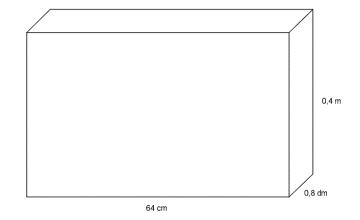 Rett, firkantet prisme med dimensjoner 64 cm, 0,8 dm og 0,4 m.