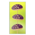 Tre rosa sopp på en stilk. Tallene lest fra toppen og ned er 20%, 1/3 og 2/5.