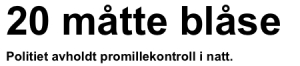 20 måtte blåse. Politiet avholdt promillekontroll i natt. 