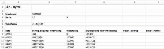 Regneark som viser hvilke formler vi bruker for å finne Skyldig beløp etter innbetaling.