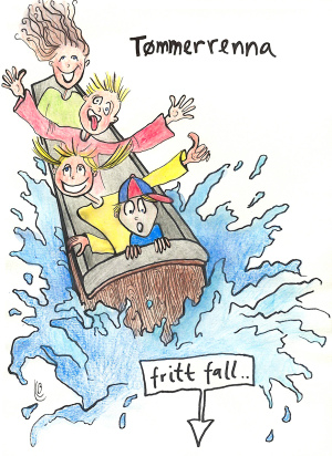 Marius, Mia, Jørgen og herman i tømmerrenna der det er fritt fall.