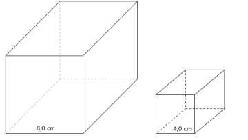 Den store terningen har side 8,0 cm og den lille har side 4,0 cm