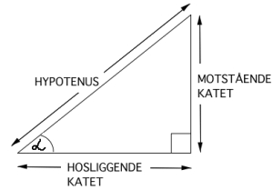 I en rettvinklet trekant kaller vi den lengste siden hypotenus. Vinkelen alfa er nede til venstre. Da kaller vi det andre vinkelbeinet til alfa HOSLIGGENDE KATET og den siste siden i trekanten kaller vi MOTSTÅENDE KATET.