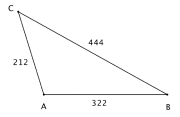 Trekant ABC. AB er 322 lang, BC er 444 lang og AC er 212 lang.