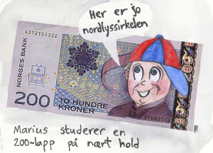 Marius studerer en 200-lapp på nært hold og sier "Her er jo nordlyssirkelen."