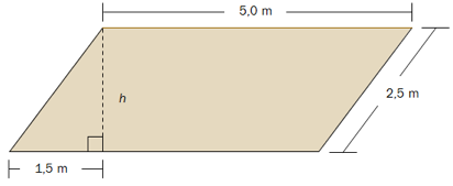Parallellogram med høyde h. Lengden er 5,0 meter, og bredden er 2,5 meter. Den rettvinklede trekanten som er enden av parallellogrammet har en katet lik høyden på parallellogrammet og en katet lit 1,5 meter.