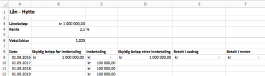 Regneark hvor vi har ført inn 100 000 under Innbetaling.