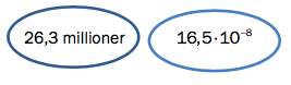 To tall, skrevet i hver sin ring. Det første tallet er 26,3 millioner, og det andre tallet er 16,5x10^-8.