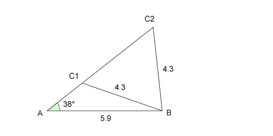 FIGUREN VISER AT DET KAN LAGES TO TREKANTER ABC MED VINKEL A LIK 38 GRADER, MED AB=5.9 OG BC=4.3.