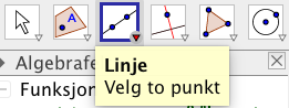 Skjermdump fra GeoGebra som viser hvor man finner Linje-kommandoen.