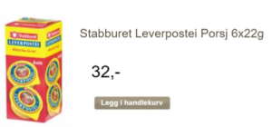 Leverpostei i porsjonspakning. Stabburet Leverpostei Porsj 6 gange 22 gram. 32 kroner.